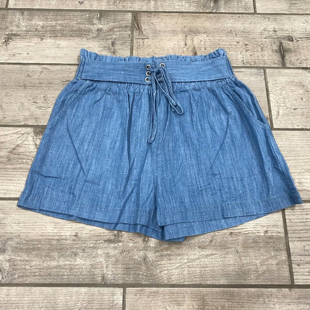 Denim Colored Paperbag Waist Shorts